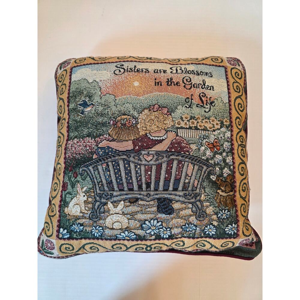 Vintage "Sisters are Blossoms in the Garden of Life" Scenic Tapestry Pillow